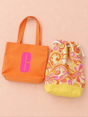 Clinique Tote & Drawstring Beach Bag Lot 2 Orange Paisley Floral Retro Style